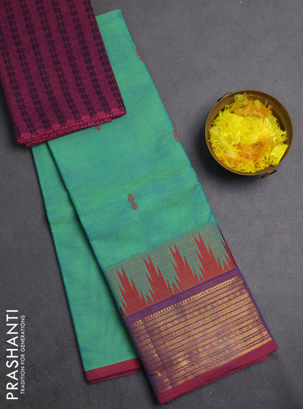 Chettinad cotton saree teal green and purple with thread woven buttas and long temple design zari woven border