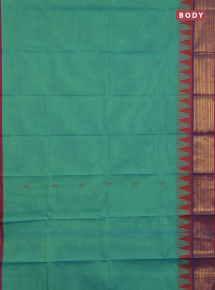Chettinad cotton saree teal green and purple with thread woven buttas and long temple design zari woven border