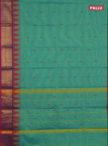 Chettinad cotton saree teal green and purple with thread woven buttas and long temple design zari woven border