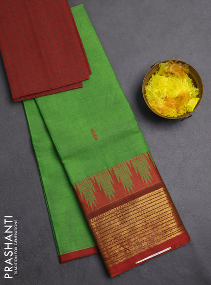 Chettinad cotton saree light green and maroon shade with thread woven buttas and long temple design zari woven border