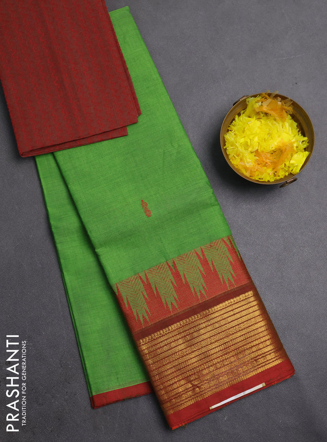 Chettinad cotton saree light green and maroon shade with thread woven buttas and long temple design zari woven border