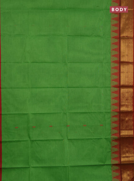 Chettinad cotton saree light green and maroon shade with thread woven buttas and long temple design zari woven border