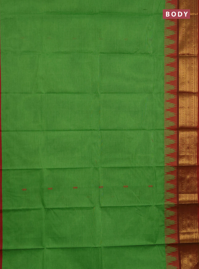 Chettinad cotton saree light green and maroon shade with thread woven buttas and long temple design zari woven border