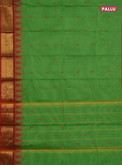 Chettinad cotton saree light green and maroon shade with thread woven buttas and long temple design zari woven border