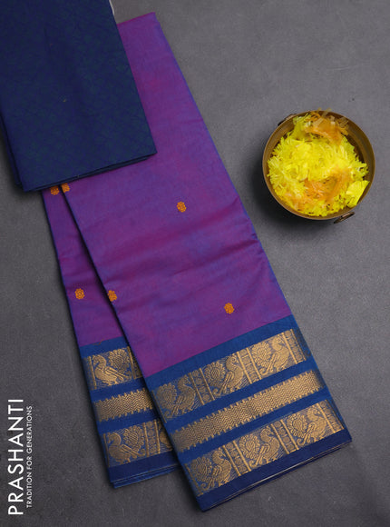 Chettinad cotton saree purple and blue with thread woven buttas and zari woven butta border