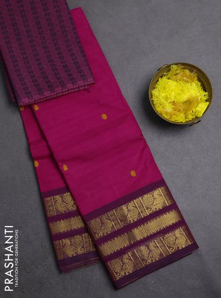Chettinad cotton saree pink and purple with thread woven buttas and zari woven butta border