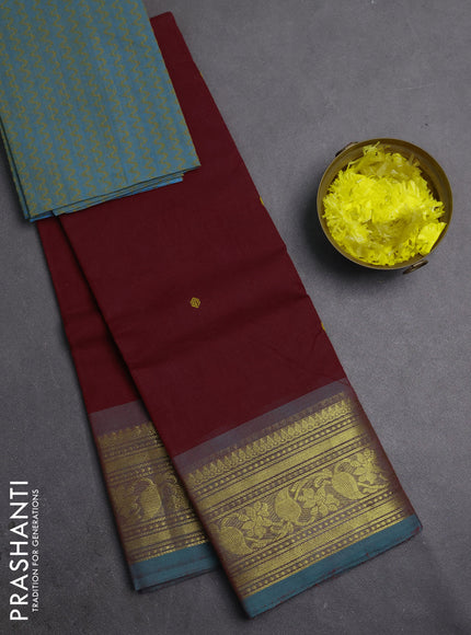 Chettinad cotton saree maroon and teal blue with thread woven buttas and zari woven border