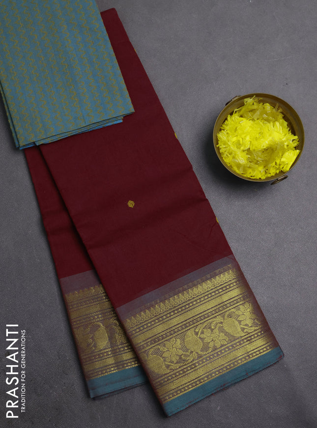 Chettinad cotton saree maroon and teal blue with thread woven buttas and zari woven border