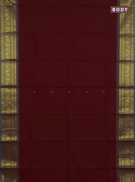 Chettinad cotton saree maroon and teal blue with thread woven buttas and zari woven border