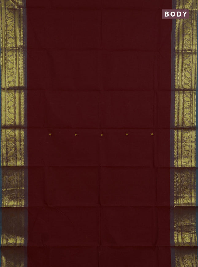 Chettinad cotton saree maroon and teal blue with thread woven buttas and zari woven border