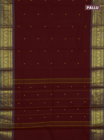 Chettinad cotton saree maroon and teal blue with thread woven buttas and zari woven border