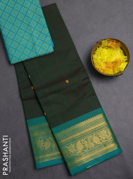 Chettinad cotton saree green and teal blue with thread woven buttas and zari woven border
