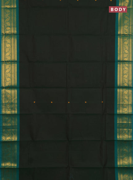 Chettinad cotton saree green and teal blue with thread woven buttas and zari woven border