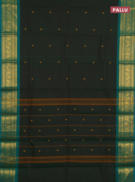 Chettinad cotton saree green and teal blue with thread woven buttas and zari woven border