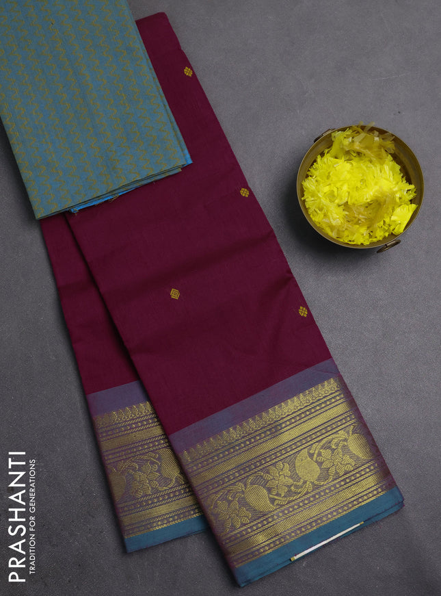 Chettinad cotton saree dark magenta pink and teal blue with thread woven buttas and zari woven border