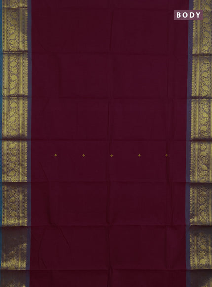 Chettinad cotton saree dark magenta pink and teal blue with thread woven buttas and zari woven border