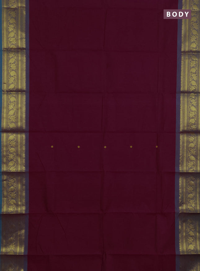 Chettinad cotton saree dark magenta pink and teal blue with thread woven buttas and zari woven border