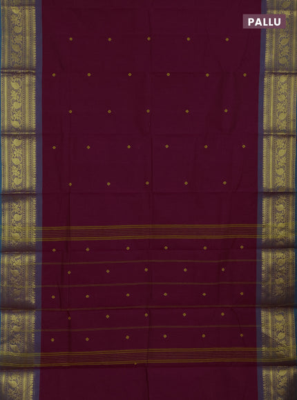 Chettinad cotton saree dark magenta pink and teal blue with thread woven buttas and zari woven border