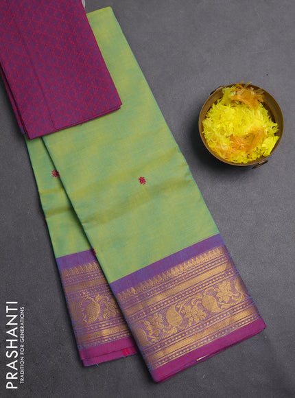 Chettinad cotton saree teal green and purple with thread woven buttas and zari woven border
