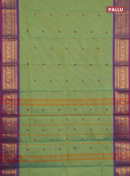 Chettinad cotton saree teal green and purple with thread woven buttas and zari woven border