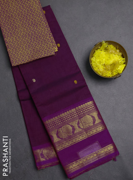 Chettinad cotton saree dark magenta and mustard yellow with thread woven buttas and rettapet zari woven border