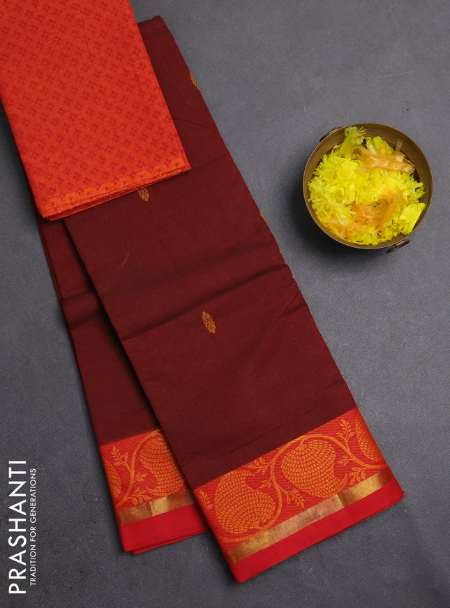 Chettinad cotton saree maroon and orange with thread woven buttas and thread woven border