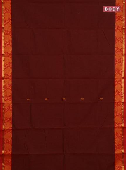 Chettinad cotton saree maroon and orange with thread woven buttas and thread woven border