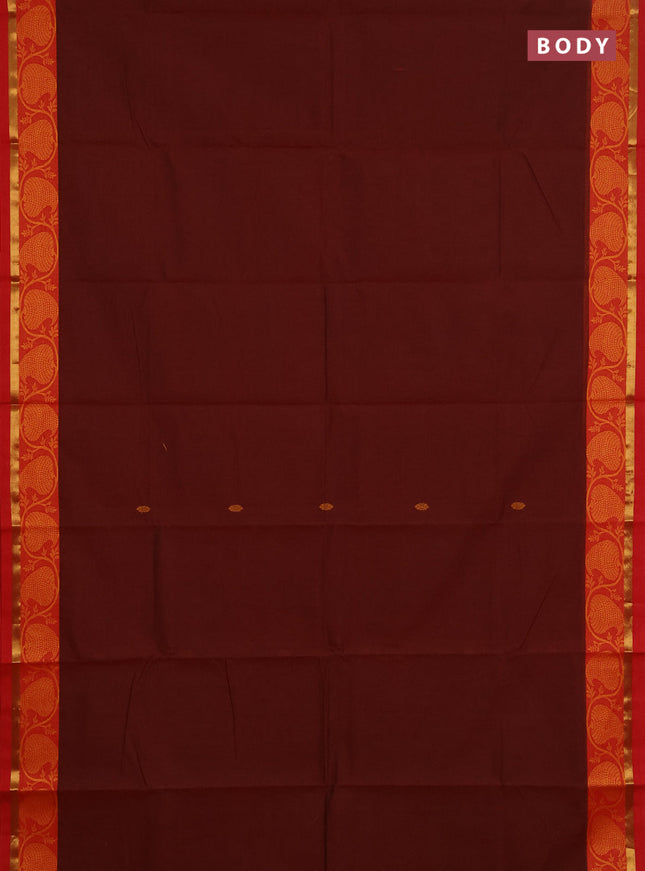 Chettinad cotton saree maroon and orange with thread woven buttas and thread woven border