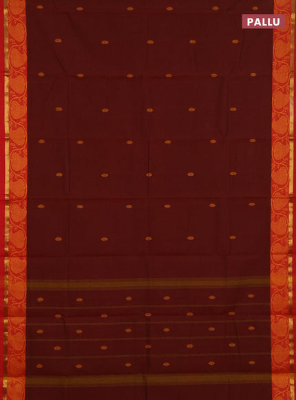 Chettinad cotton saree maroon and orange with thread woven buttas and thread woven border
