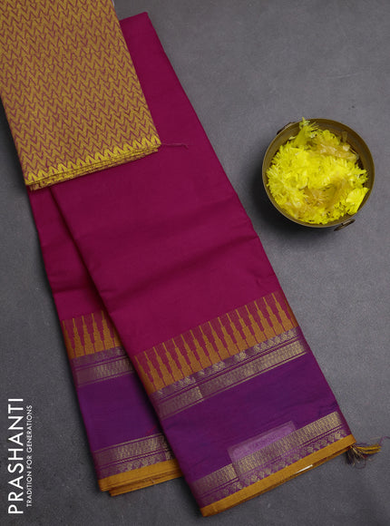 Chettinad cotton saree pink and mustard yellow with plain body and temple design rettapet zari woven border