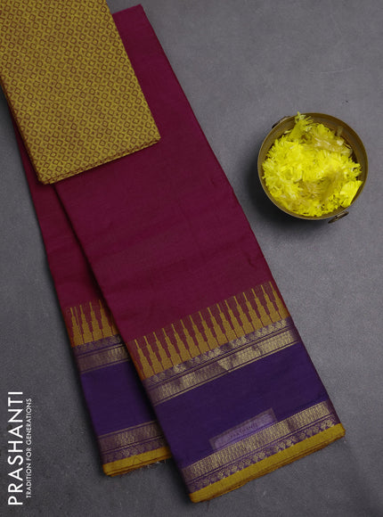 Chettinad cotton saree magenta pink and mustard yellow with plain body and temple design rettapet zari woven border