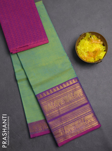 Chettinad cotton saree teal green and purple with plain body and long zari woven border