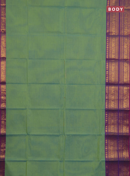 Chettinad cotton saree teal green and purple with plain body and long zari woven border