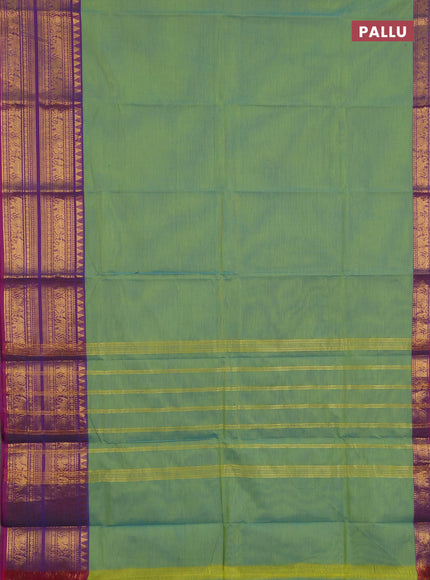 Chettinad cotton saree teal green and purple with plain body and long zari woven border