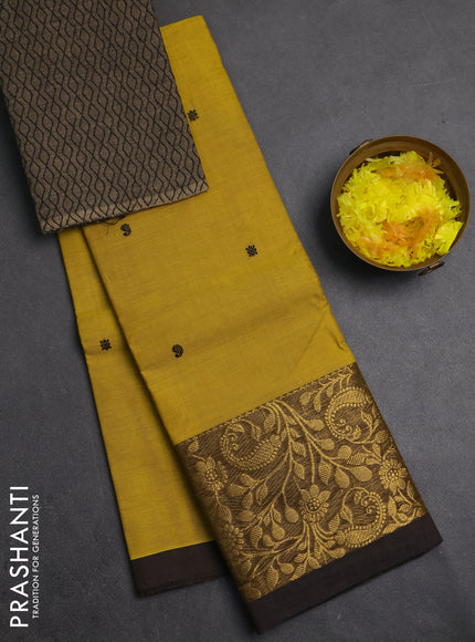 Chettinad cotton saree lemon yellow and black with thread woven buttas and long zari woven border