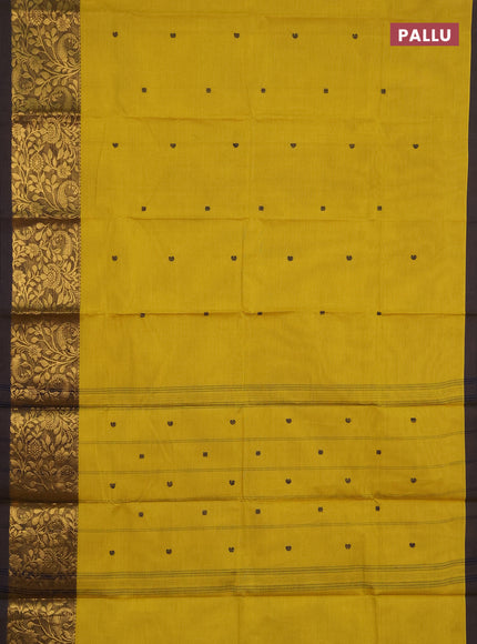 Chettinad cotton saree lemon yellow and black with thread woven buttas and long zari woven border