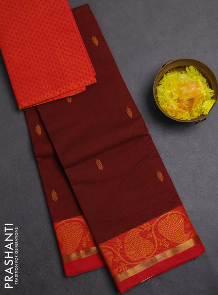 Chettinad cotton saree maroon and orange with thread woven buttas and thread woven border