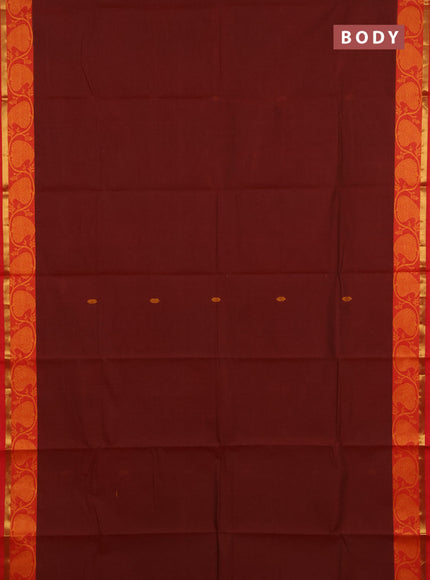 Chettinad cotton saree maroon and orange with thread woven buttas and thread woven border