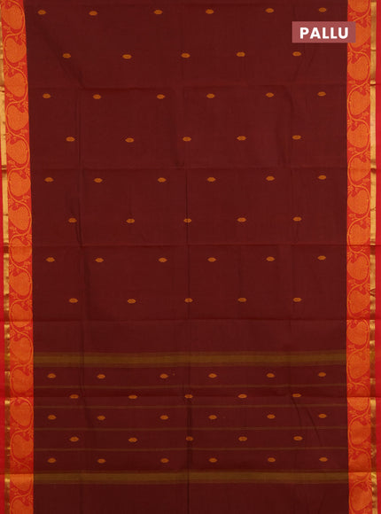Chettinad cotton saree maroon and orange with thread woven buttas and thread woven border