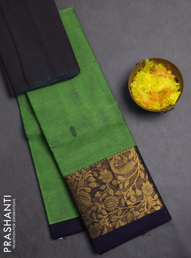 Chettinad cotton saree green and grey with thread woven buttas and long zari woven border