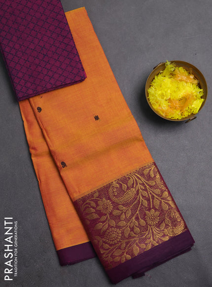 Chettinad cotton saree sunset oragne and purple with thread woven buttas and long zari woven border
