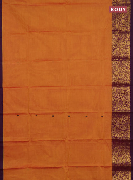 Chettinad cotton saree sunset oragne and purple with thread woven buttas and long zari woven border