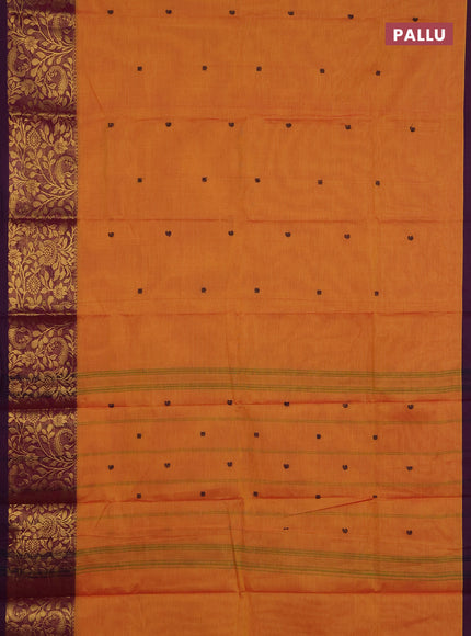 Chettinad cotton saree sunset oragne and purple with thread woven buttas and long zari woven border