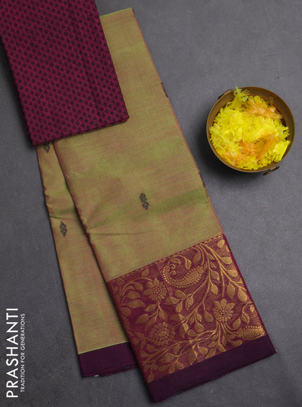 Chettinad cotton saree elaichi green and purple with thread woven buttas and long zari woven border