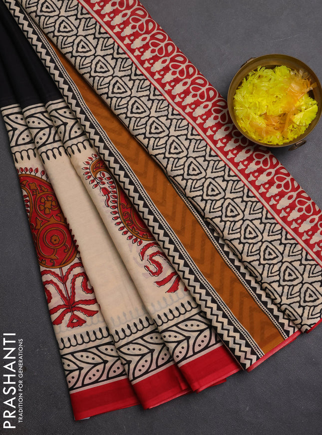 Jaipur cotton saree black and beige with plain body and long printed border