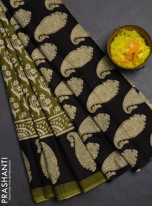 Jaipur cotton saree mehendi green and black with allover butta prints and printed border
