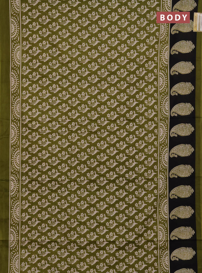 Jaipur cotton saree mehendi green and black with allover butta prints and printed border