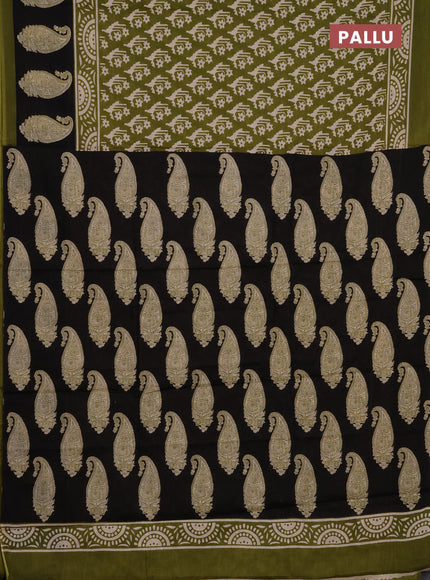 Jaipur cotton saree mehendi green and black with allover butta prints and printed border