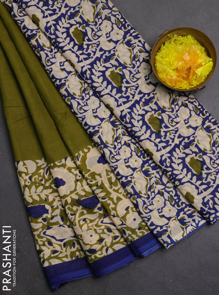 Jaipur cotton saree mehendi green and blue with plain body and long printed border