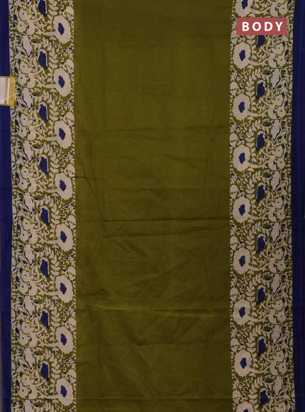 Jaipur cotton saree mehendi green and blue with plain body and long printed border
